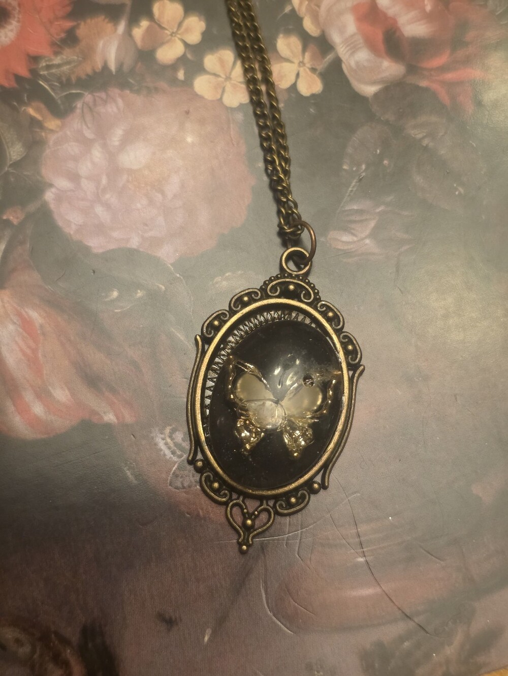 Yellow Butterfly Cameo With Gold Trim Inside Bronze Frame W Bronze Necklace